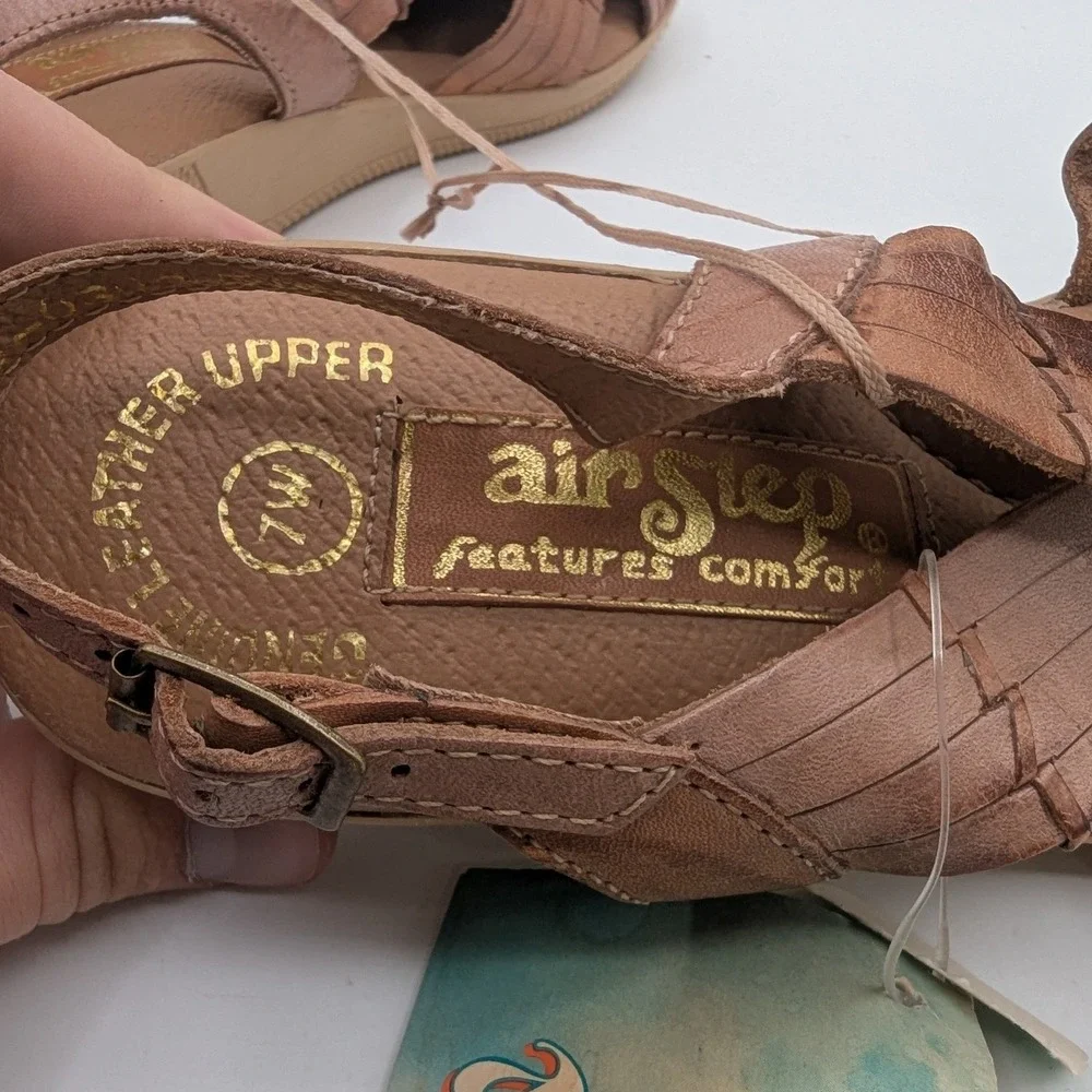 Air Step Vintage Brown Woven Leather Huarache Wedge Sandals Womens 7W New Brazil
